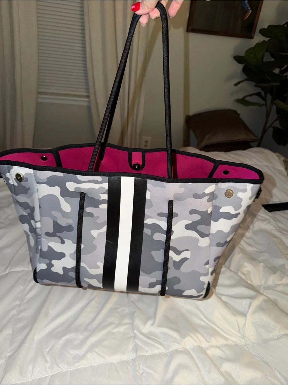 Neoprene Camo Tote Bag with Pink Interior and Black Stripes